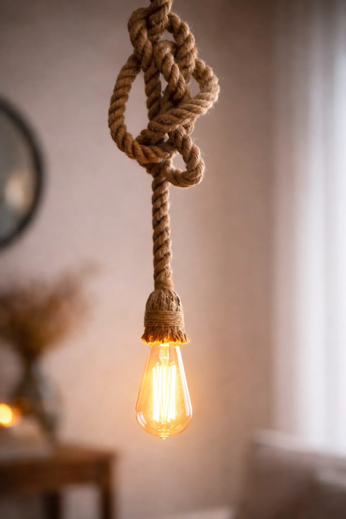 Detail van handgemaakte industriële touwlamp met enkele fitting, natuurlijke jute knoop en warm filamentlicht
