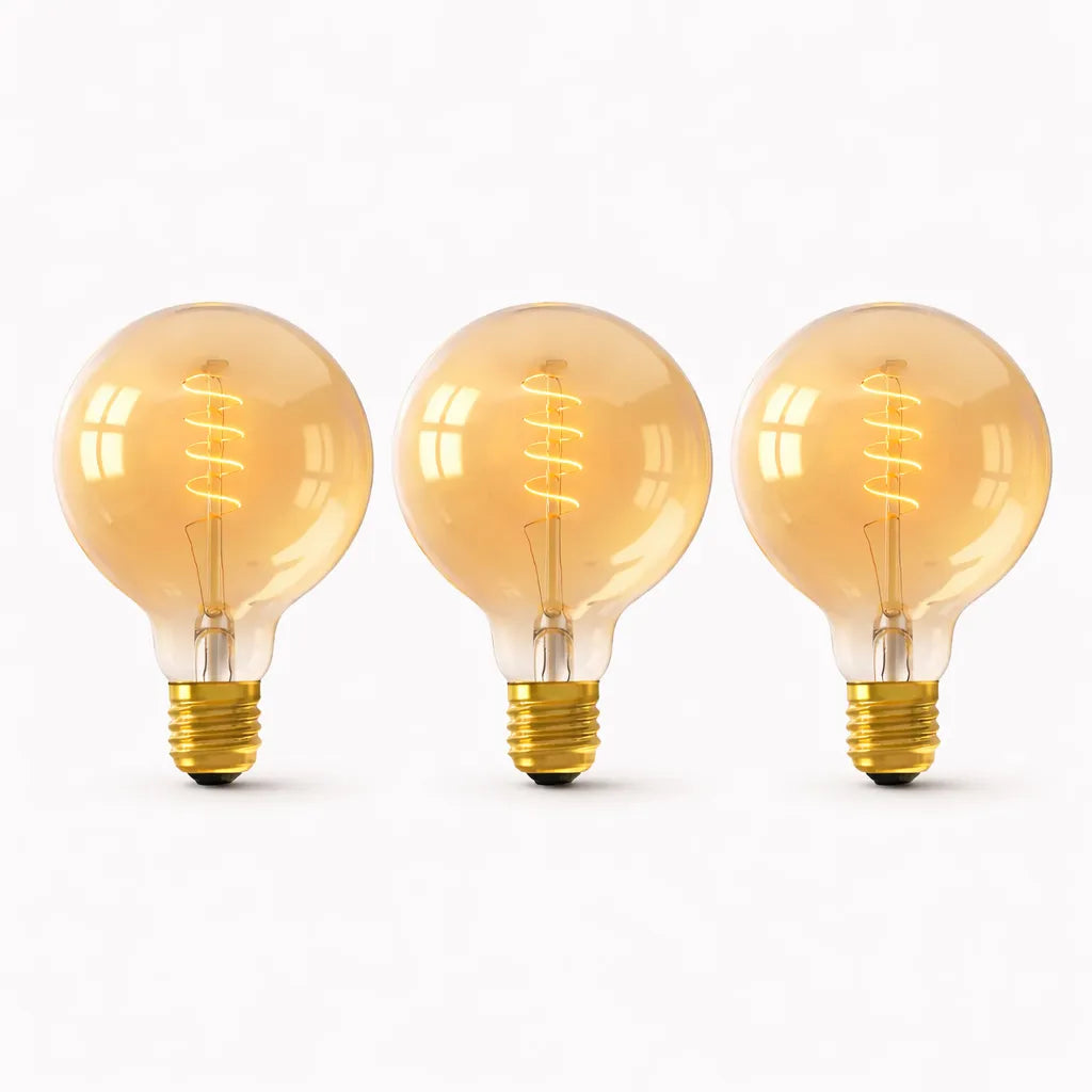 Set van 3 LED filamentlampen Globe Gold Ø95 mm E27 dimbaar 2100K met warme amber gloed en spiraal filament
