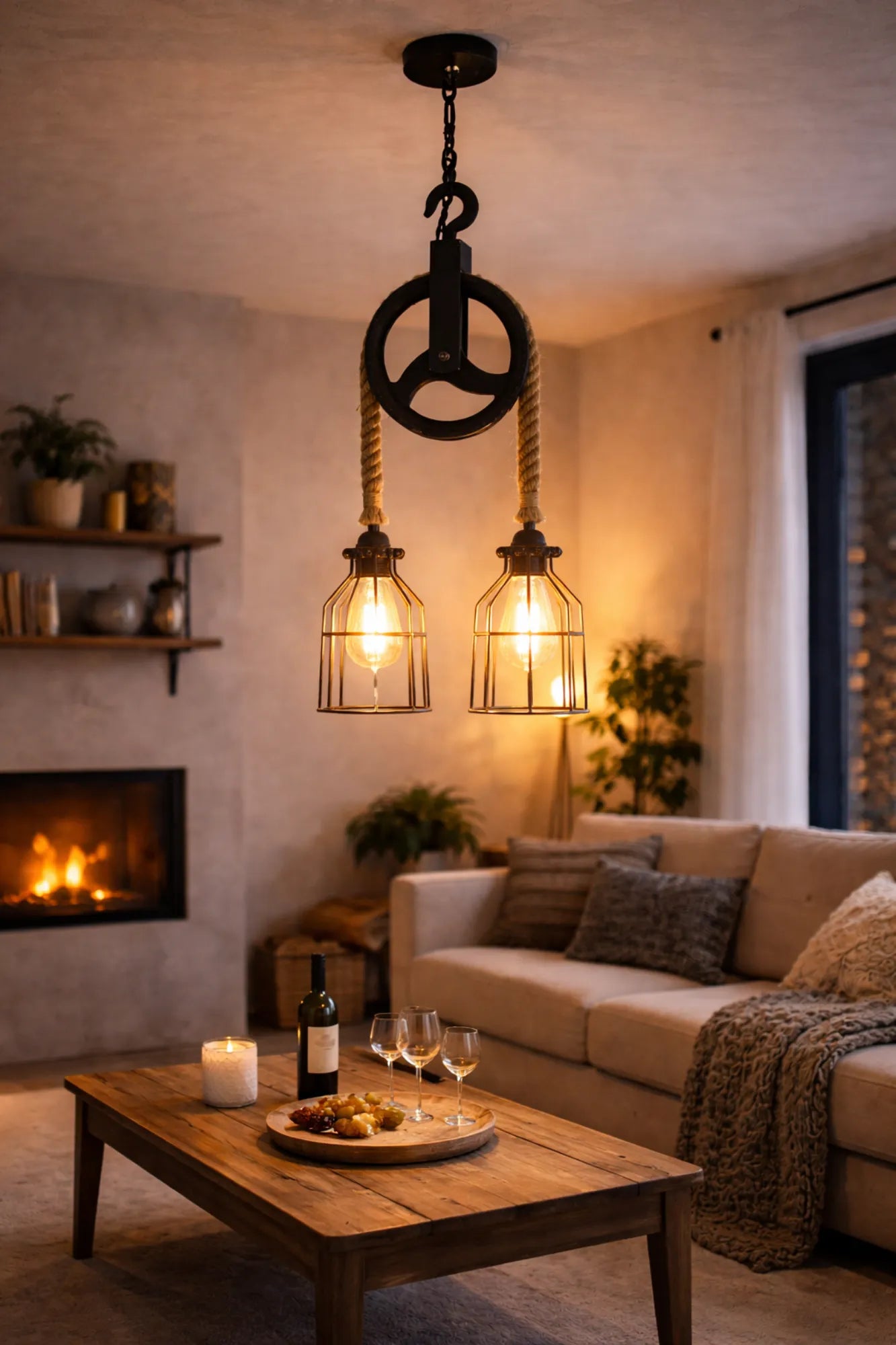 Industriële katrol hanglamp met dubbele metalen kooi en warme LED filamentlampen boven salontafel in sfeervolle woonkamer met open haard.