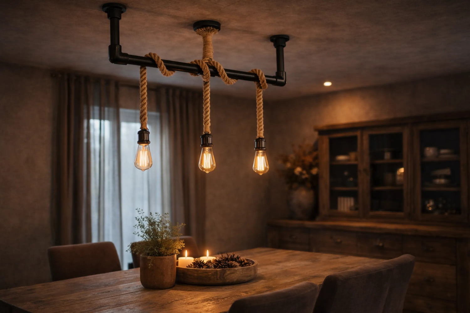 Industriële steigerbuis hanglamp met drie touwlampen en warme LED filamentlampen boven houten eettafel in sfeervolle woonkamer.