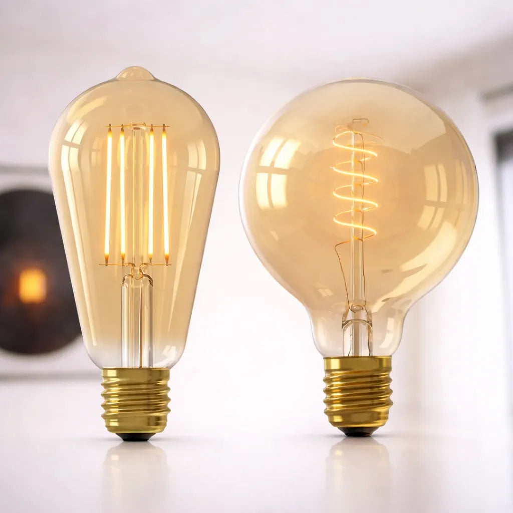 Twee LED filamentlampen E27 2100K – Edison en Globe model met warm amberkleurig licht
