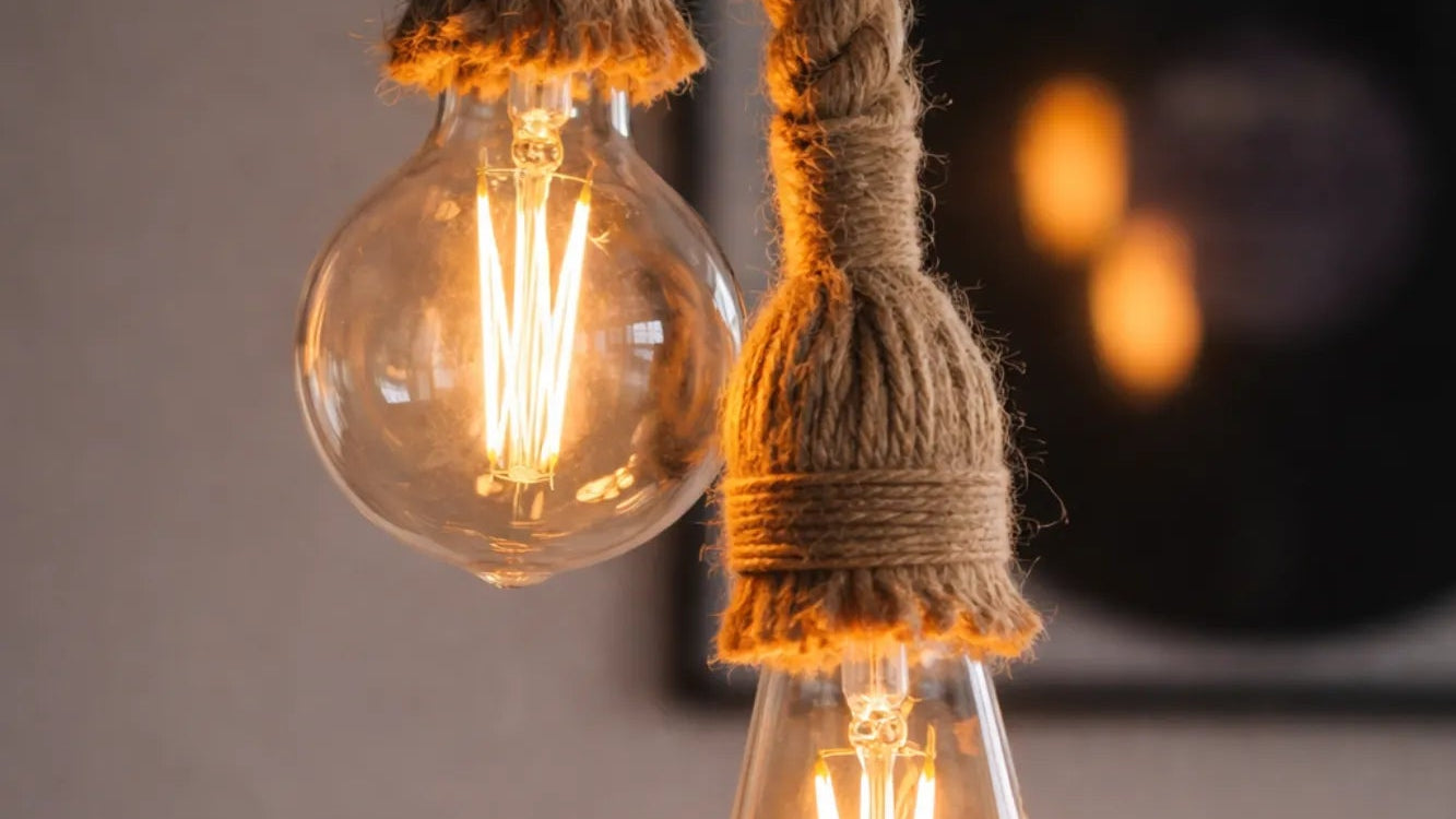 Detail van jute afwerking en fitting van handgemaakte industriële touwlamp met warm licht