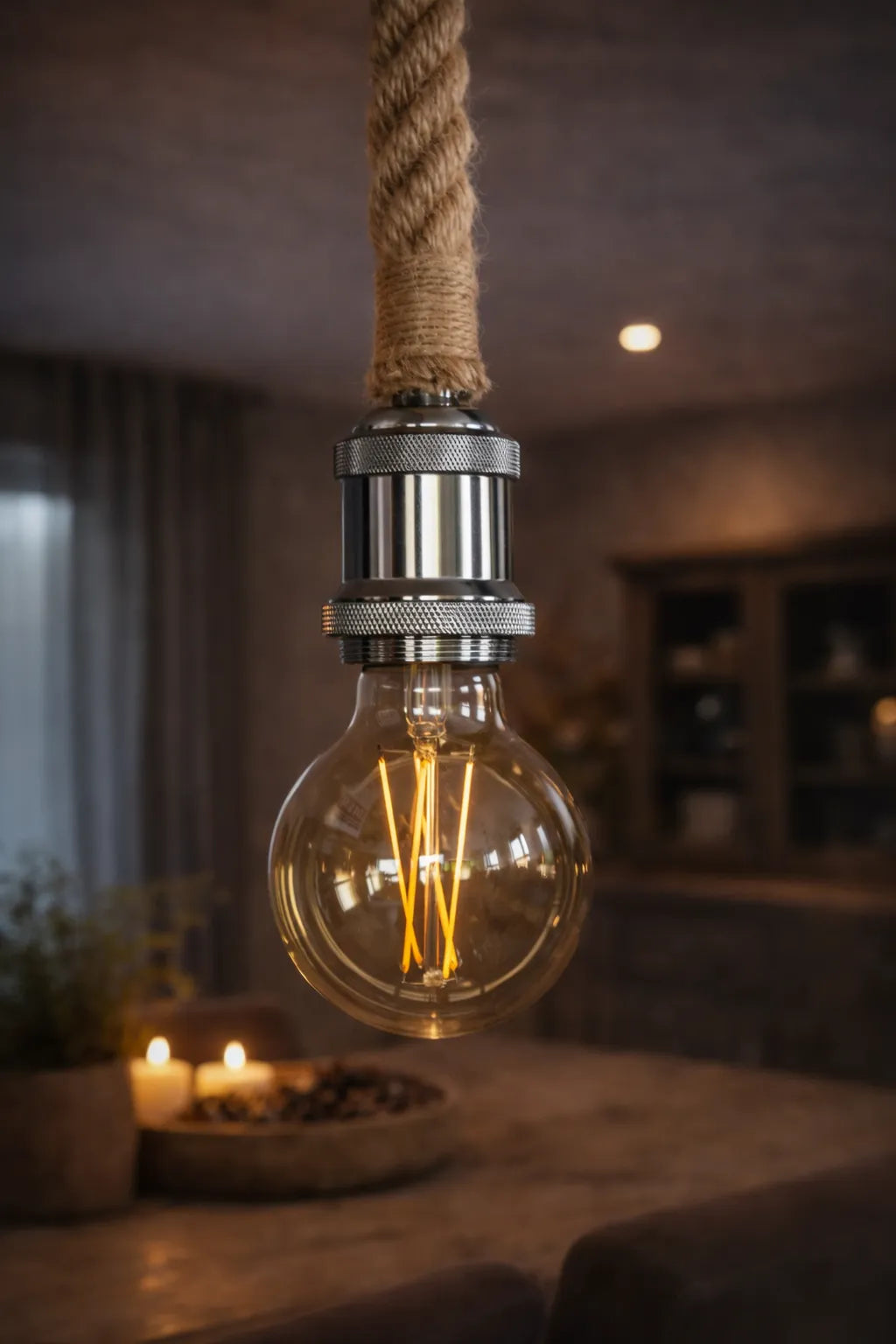 Detail van industriële steigerbuislamp met chrome fitting en jute touw