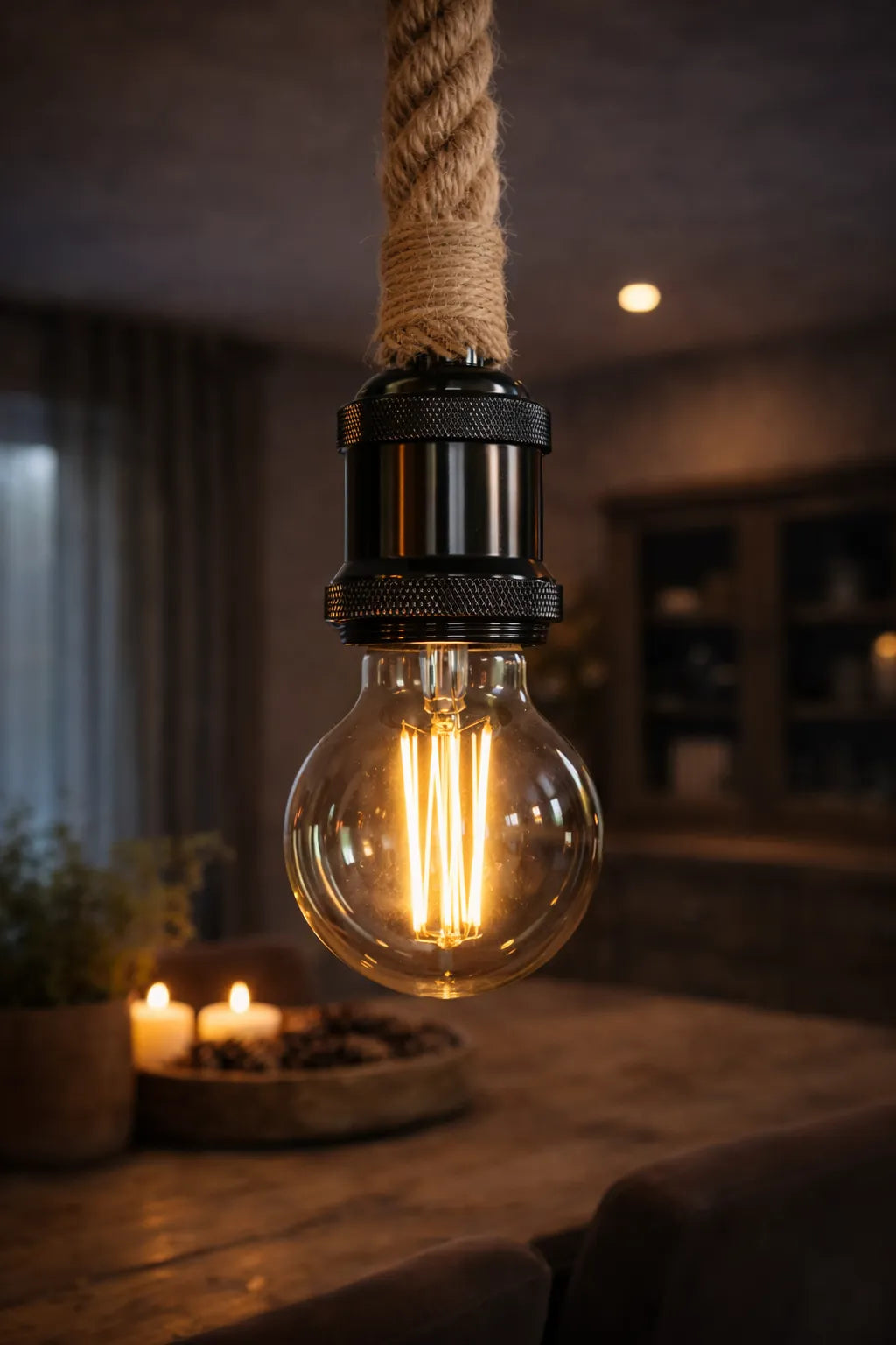 Detail van industriële steigerbuislamp met pearl black fitting en Edison LED lamp in warme interieursetting