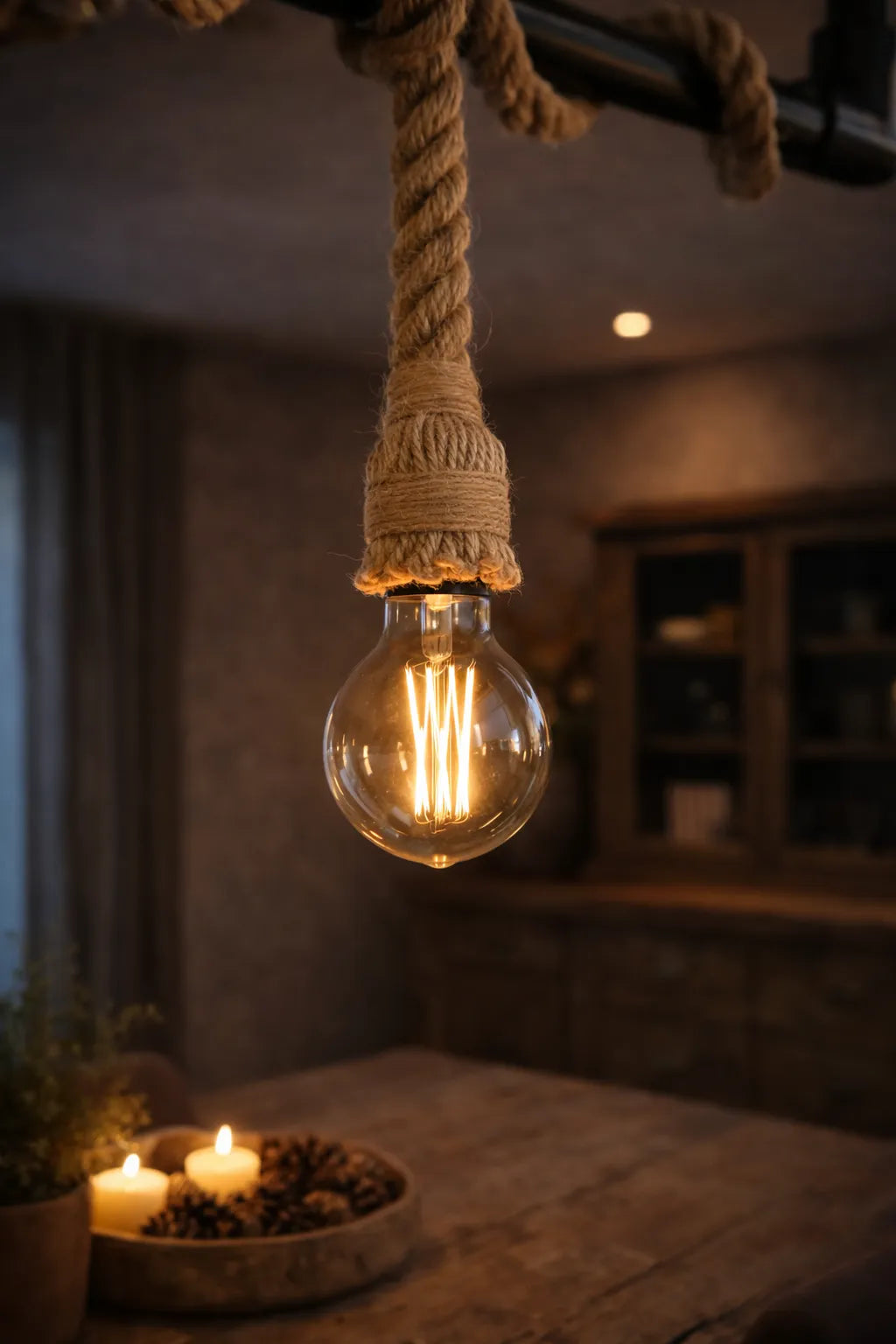 Detail van industriële steigerbuislamp met touw afgewerkte fitting en warm brandende LED lamp