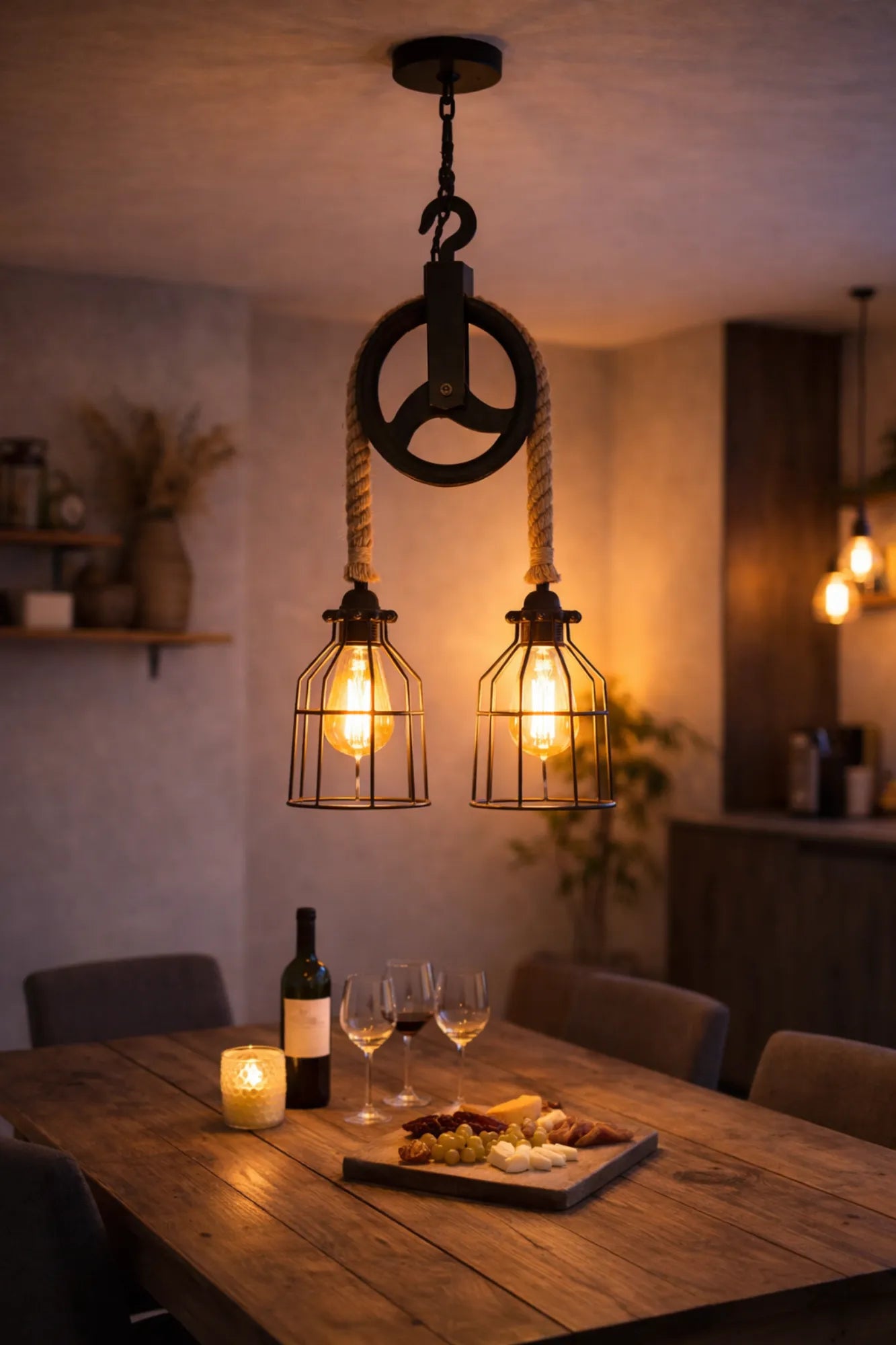 Dubbele katrol touwlamp met warm licht boven houten keukentafel in avondsetting