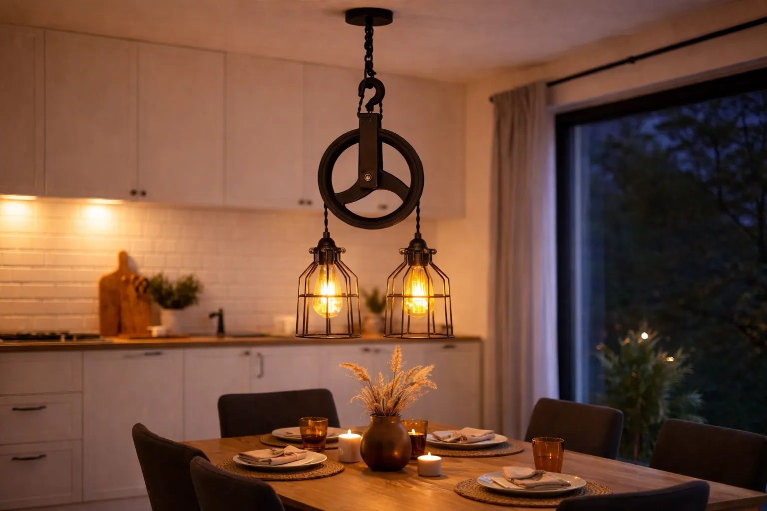 Ambachtelijke industriële hanglamp met katrol en dubbele kooilampen boven houten eettafel