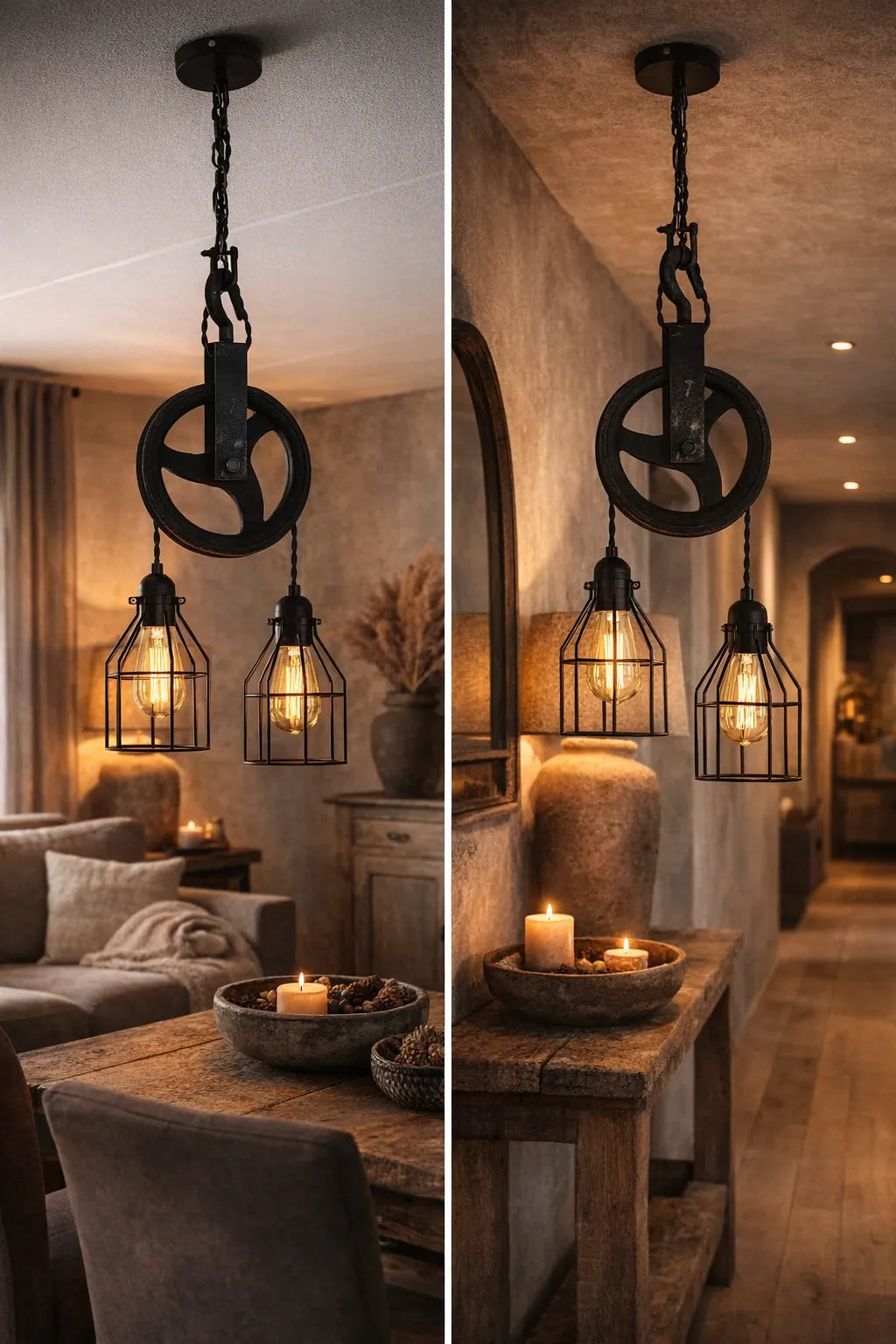 Industriële katrol hanglamp van zwart metaal met twee kooilampen in warm sfeervol interieur