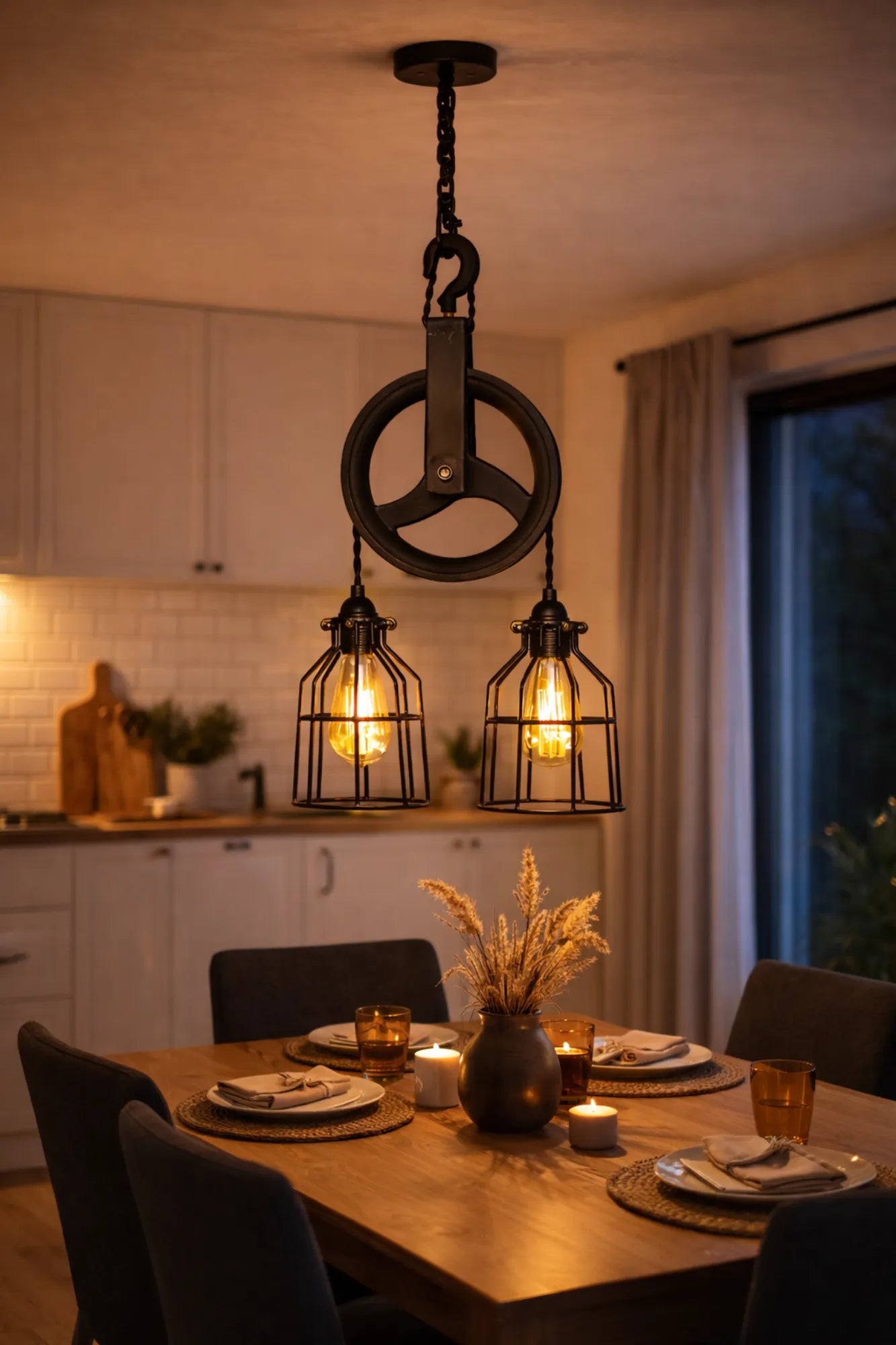 Industriële katrol hanglamp met zwart metalen wiel en twee kooilampen boven houten eettafel in sfeervolle keuken