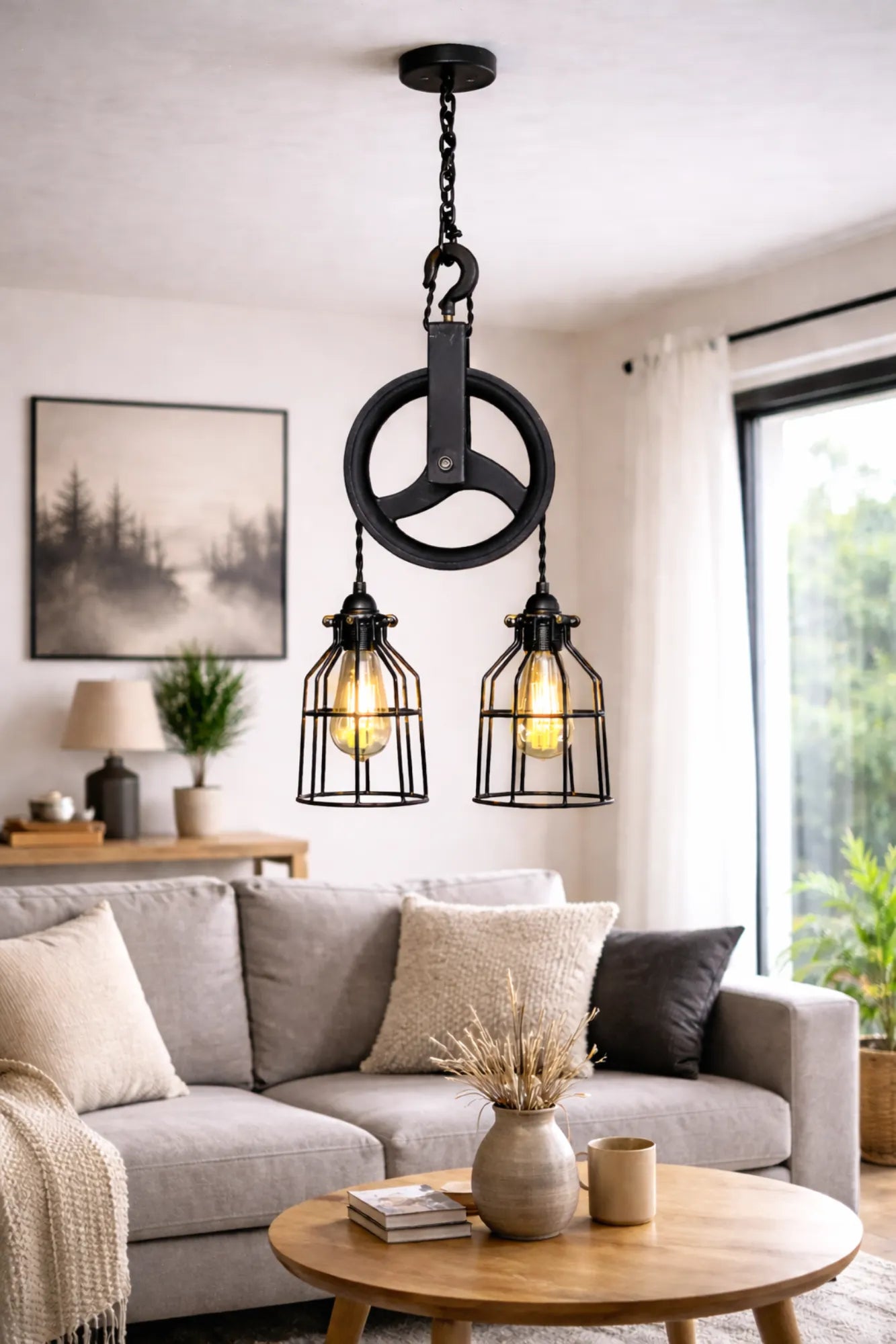 Industriële katrol hanglamp met zwart metalen wiel en twee kooilampen boven salontafel in moderne woonkamer