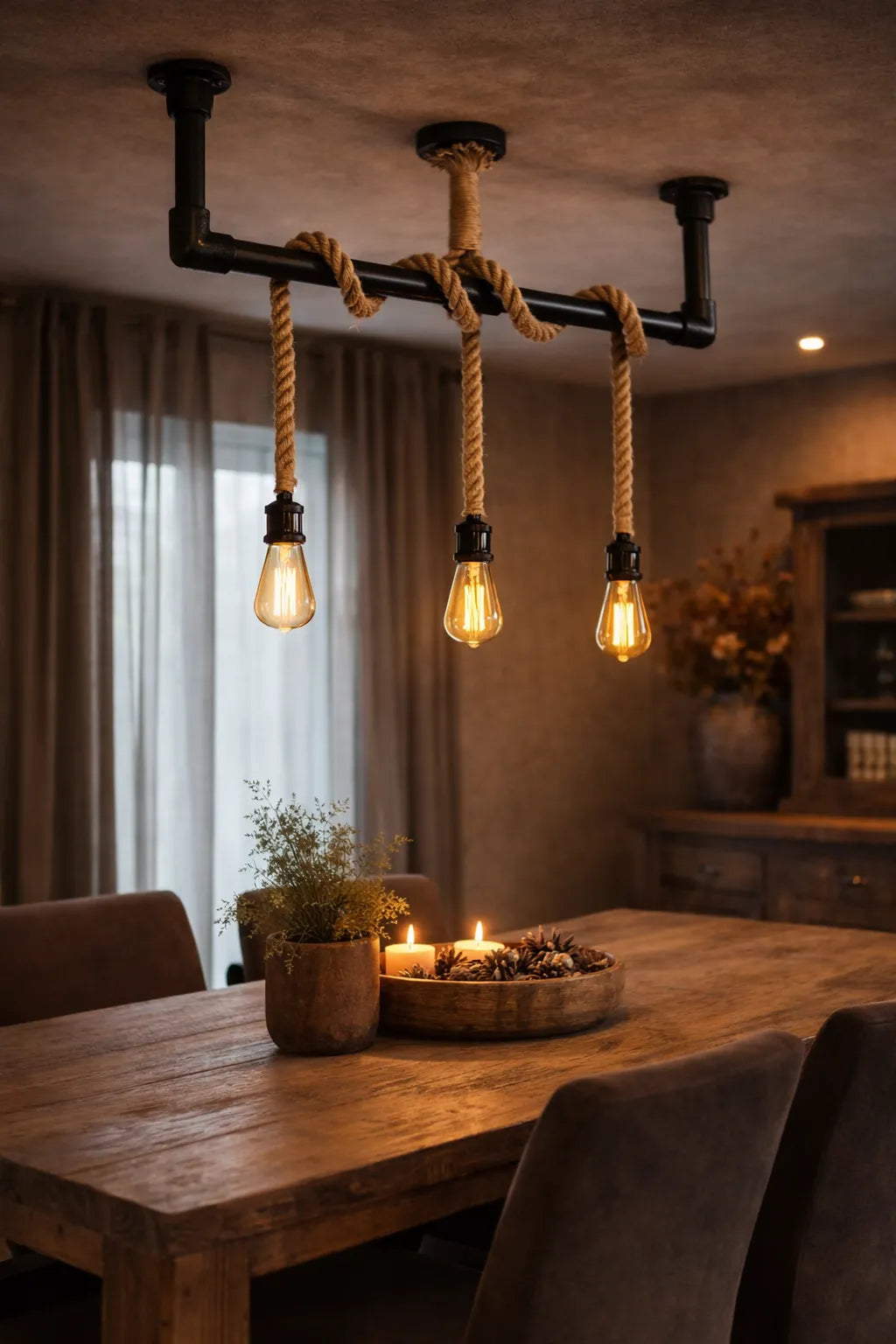 Industriële steigerbuis hanglamp met touw en drie filamentlampen boven houten eettafel in warm landelijk interieur