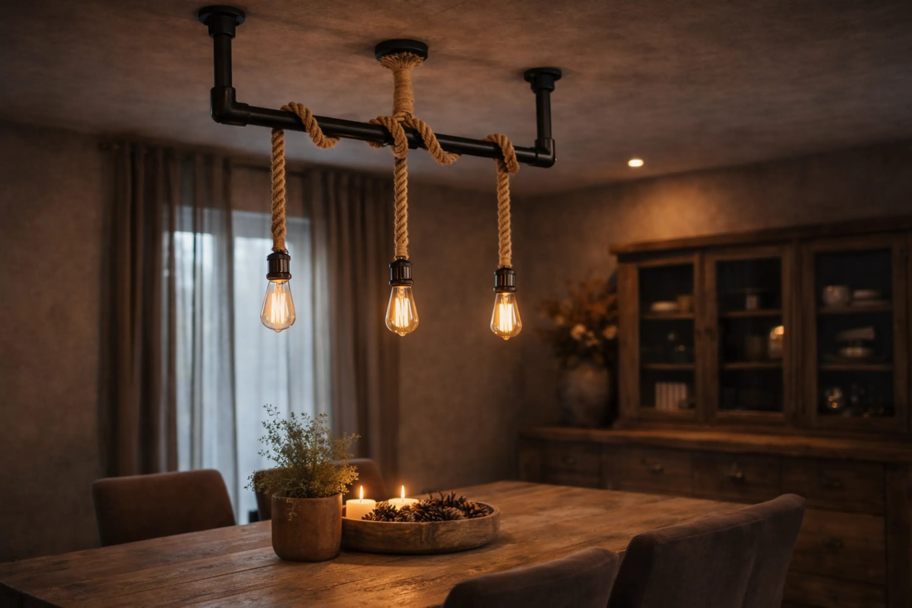 Industriële steigerbuislamp met touw en pearl black fitting – handgemaakte plafondlamp met drie lichtpunten