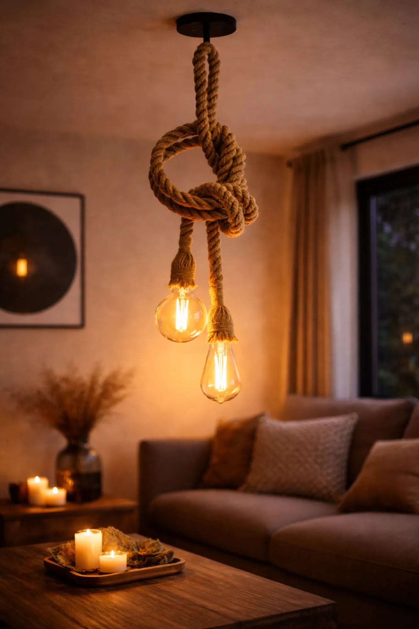 Industriële touwlamp met twee LED filamentlampen in warme avondverlichting boven salontafel in sfeervolle woonkamer.