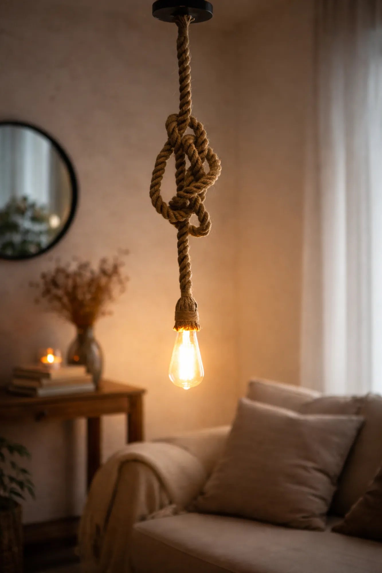 Handgemaakte industriële touwlamp met enkele fitting van natuurlijk jute, sfeervol hangend aan het plafond in een warme woonkamer