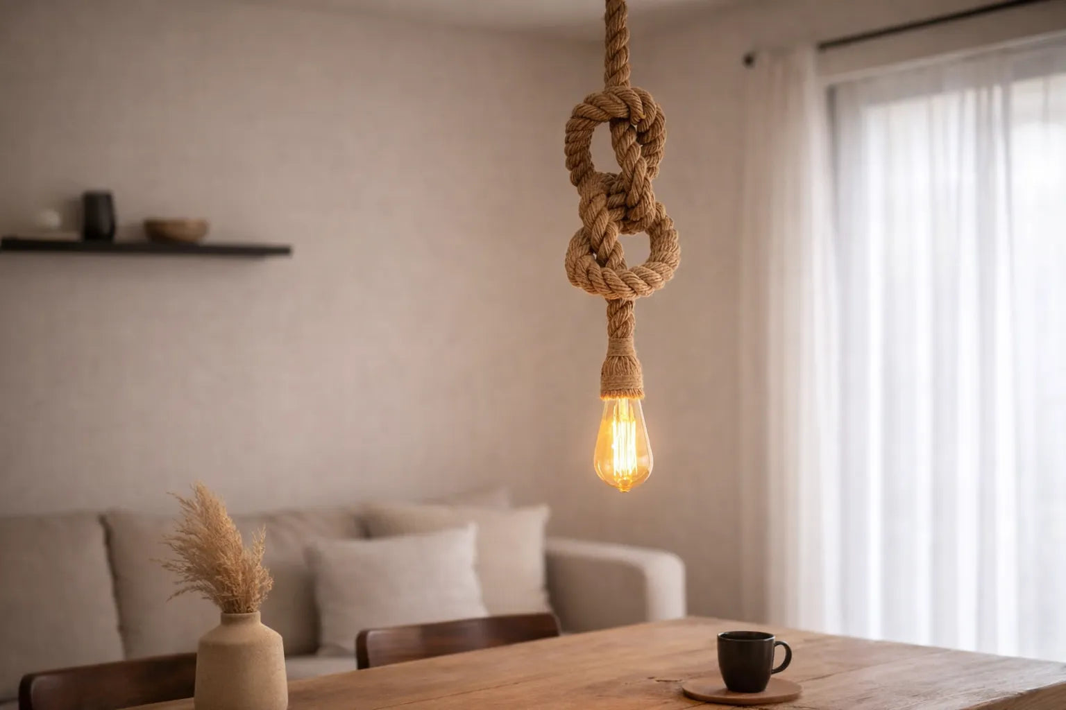 Handgemaakte industriële touwlamp met enkele fitting van jutetouw in een warm en minimalistisch interieur