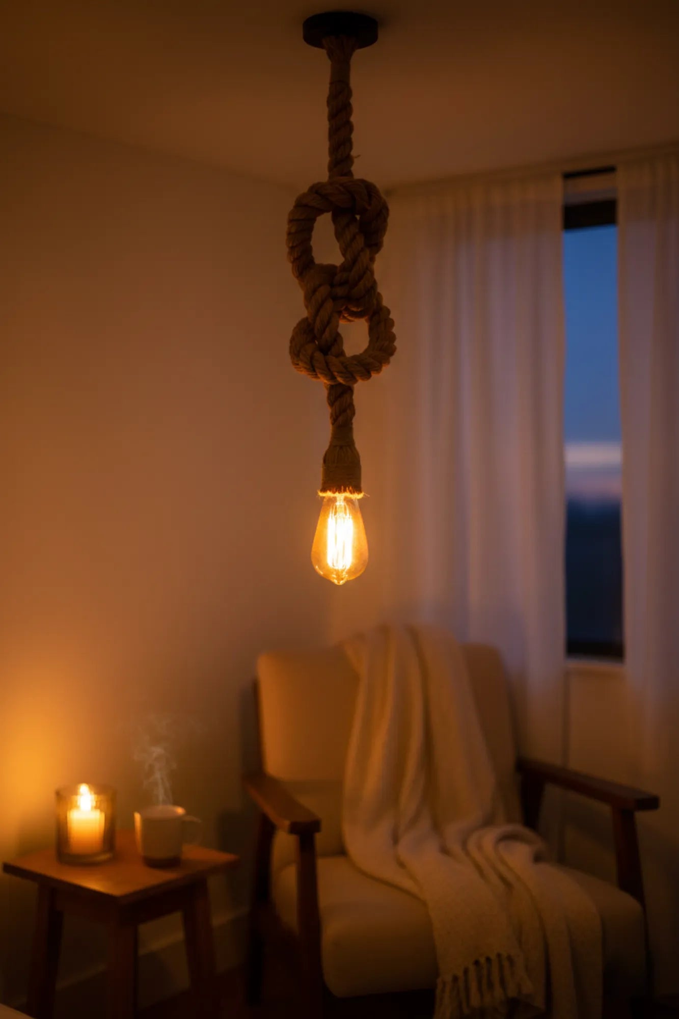 Handgemaakte industriële touwlamp van jutetouw met warme gloed in een sfeervolle woonkamer in de avond
