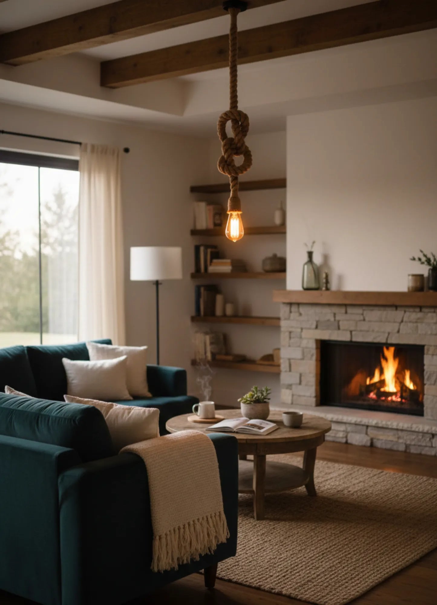 Handgemaakte industriële touwlamp van jutetouw als sfeervolle verlichting in een warme woonkamer met open haard