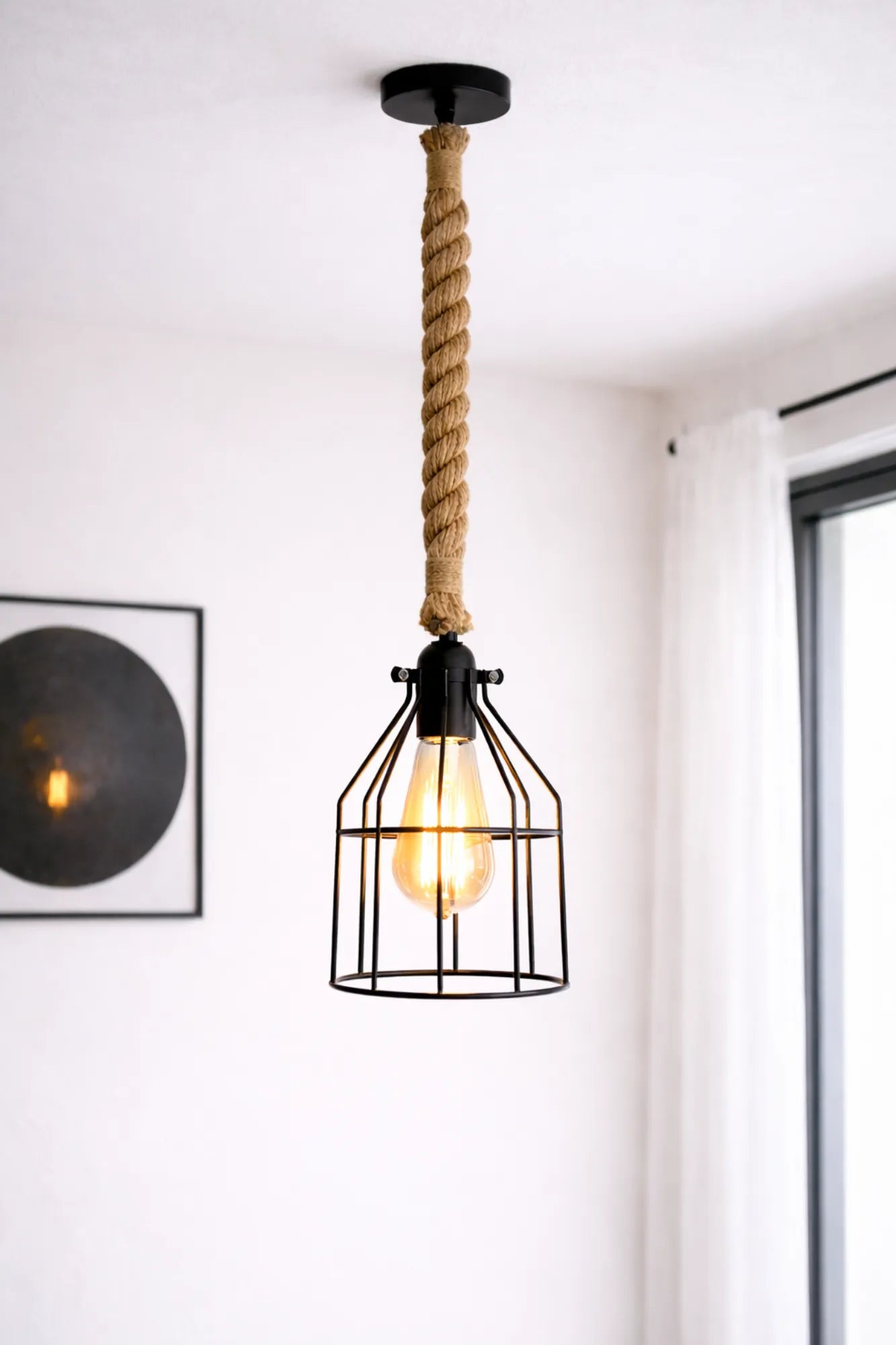 Industriële touwlamp met metalen kooi en 30 mm jute touw, handgemaakte hanglamp met warme filamentlamp