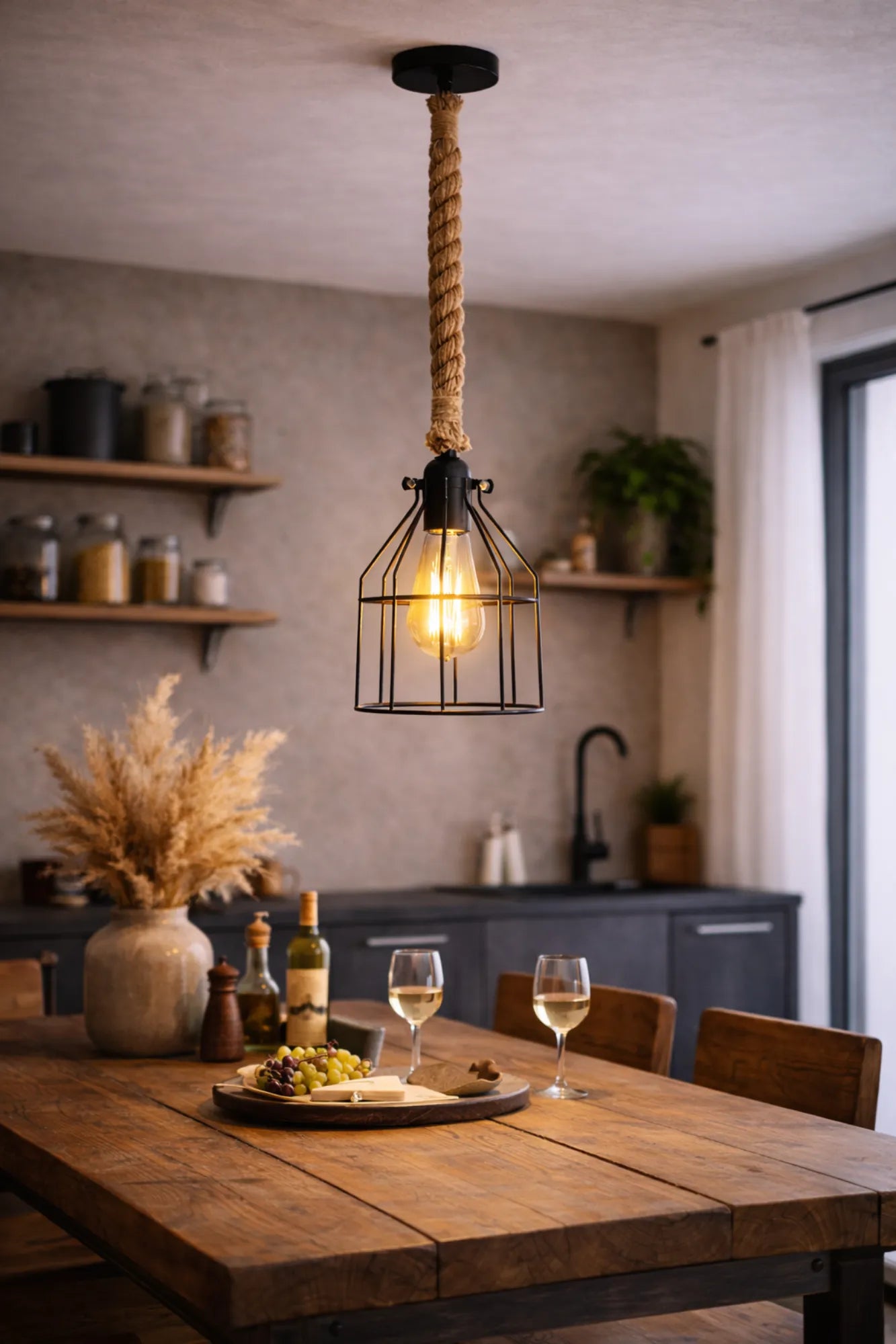 Industriële hanglamp met metalen kooi en 30 mm jute touw boven een houten keukentafel met warm daglicht