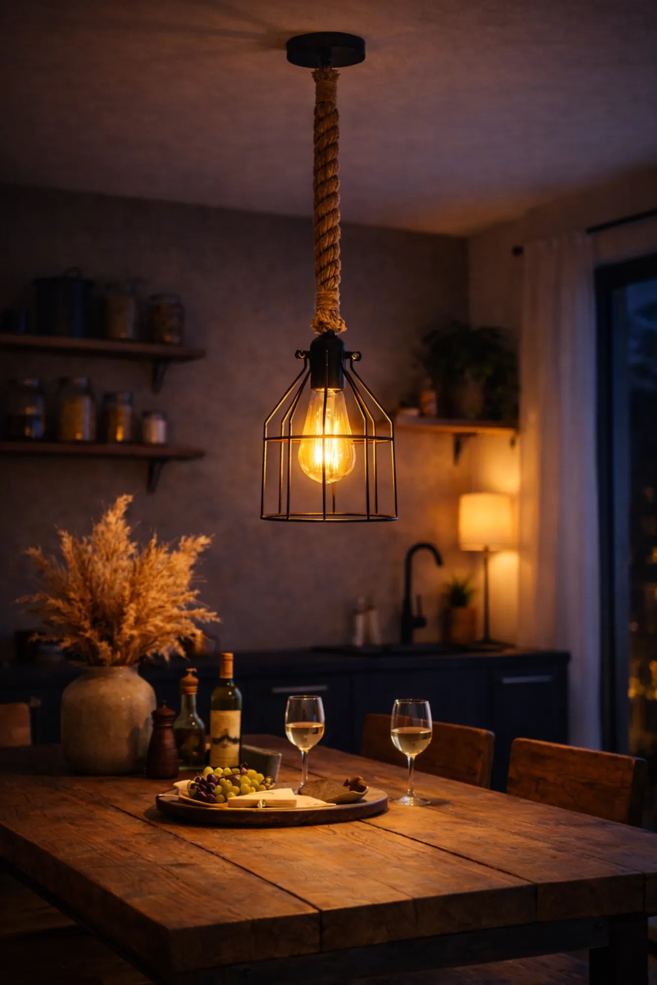 Industriële touwlamp met metalen kooi boven houten eettafel, handgemaakt van jute touw met warme filamentlamp in avondsetting