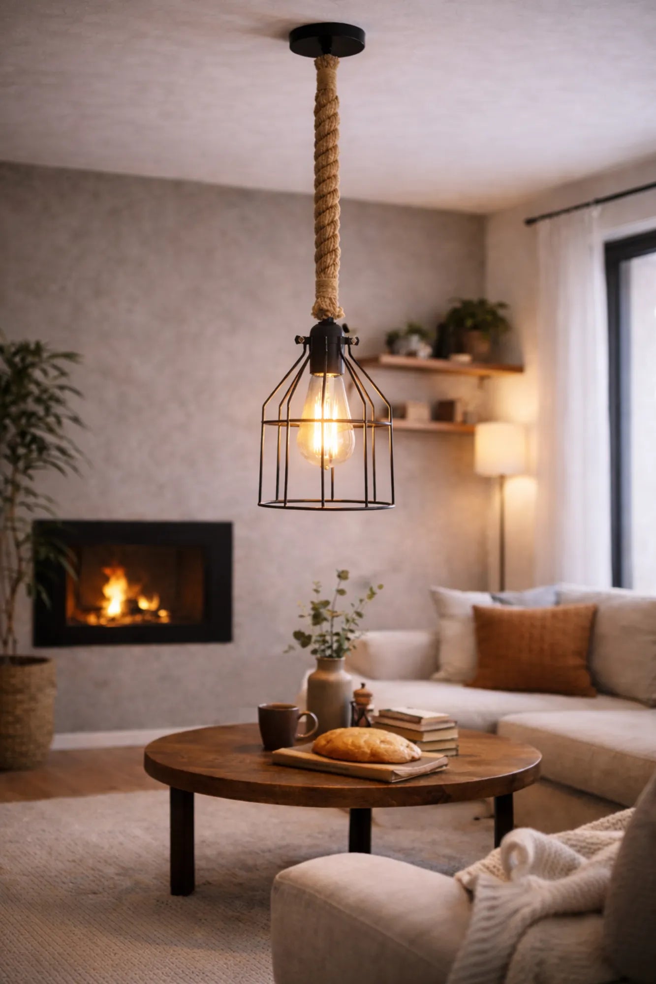 Industriële touwlamp met metalen kooi en 30 mm jute touw, hangend boven een salontafel in een warme setting overdag