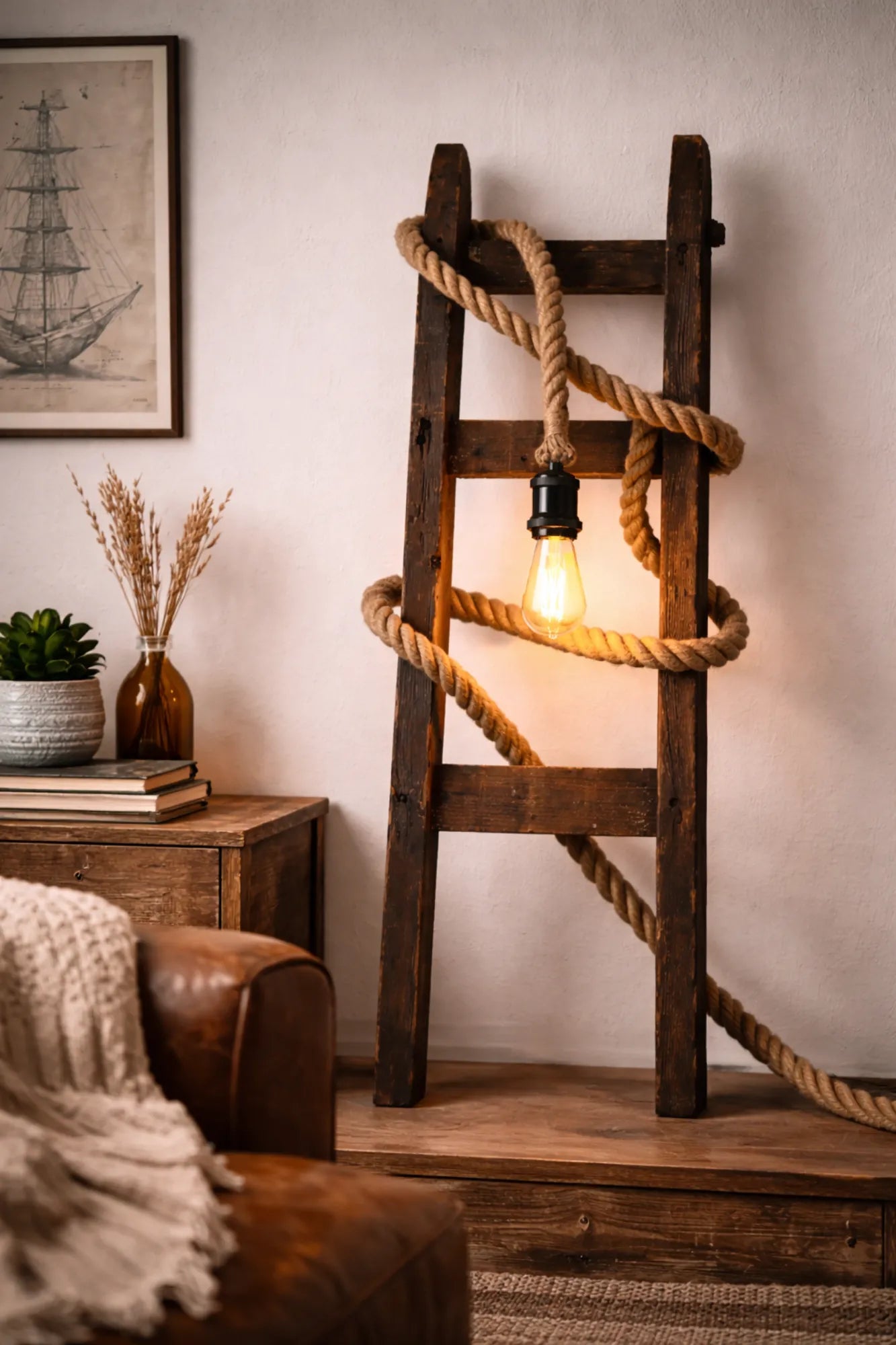 Industriële touwlamp vloerlamp met jute touw en Pearl Black fitting, gestyled rond een houten ladder in warme woonkamersfeer