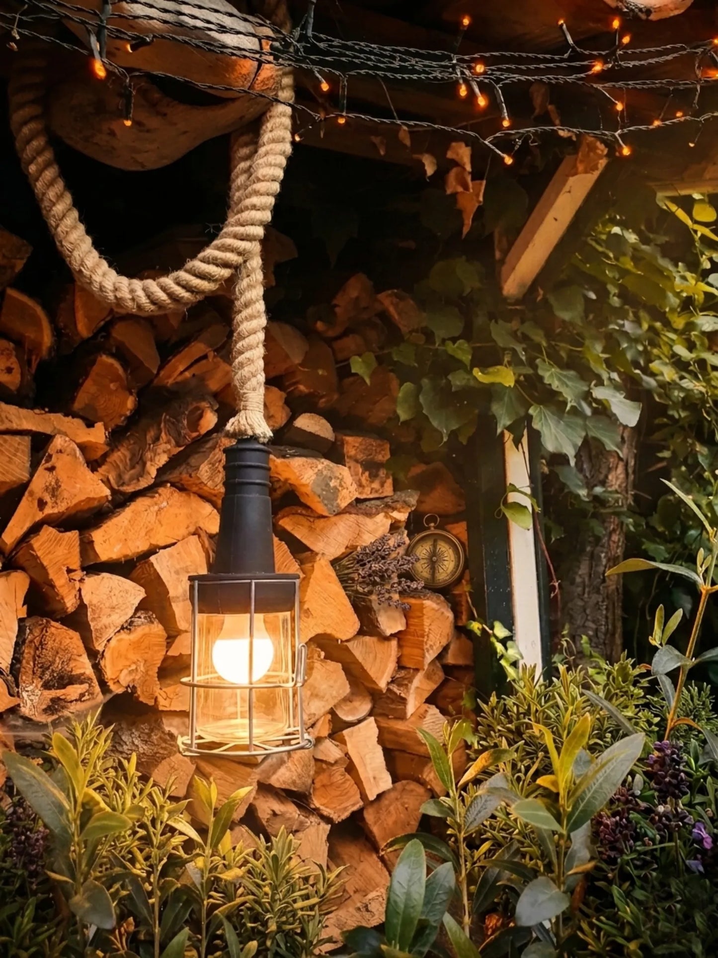 industriële buitenlamp met dik jutetouw en warme sfeerverlichting bij houtopslag in rustieke tuinsetting