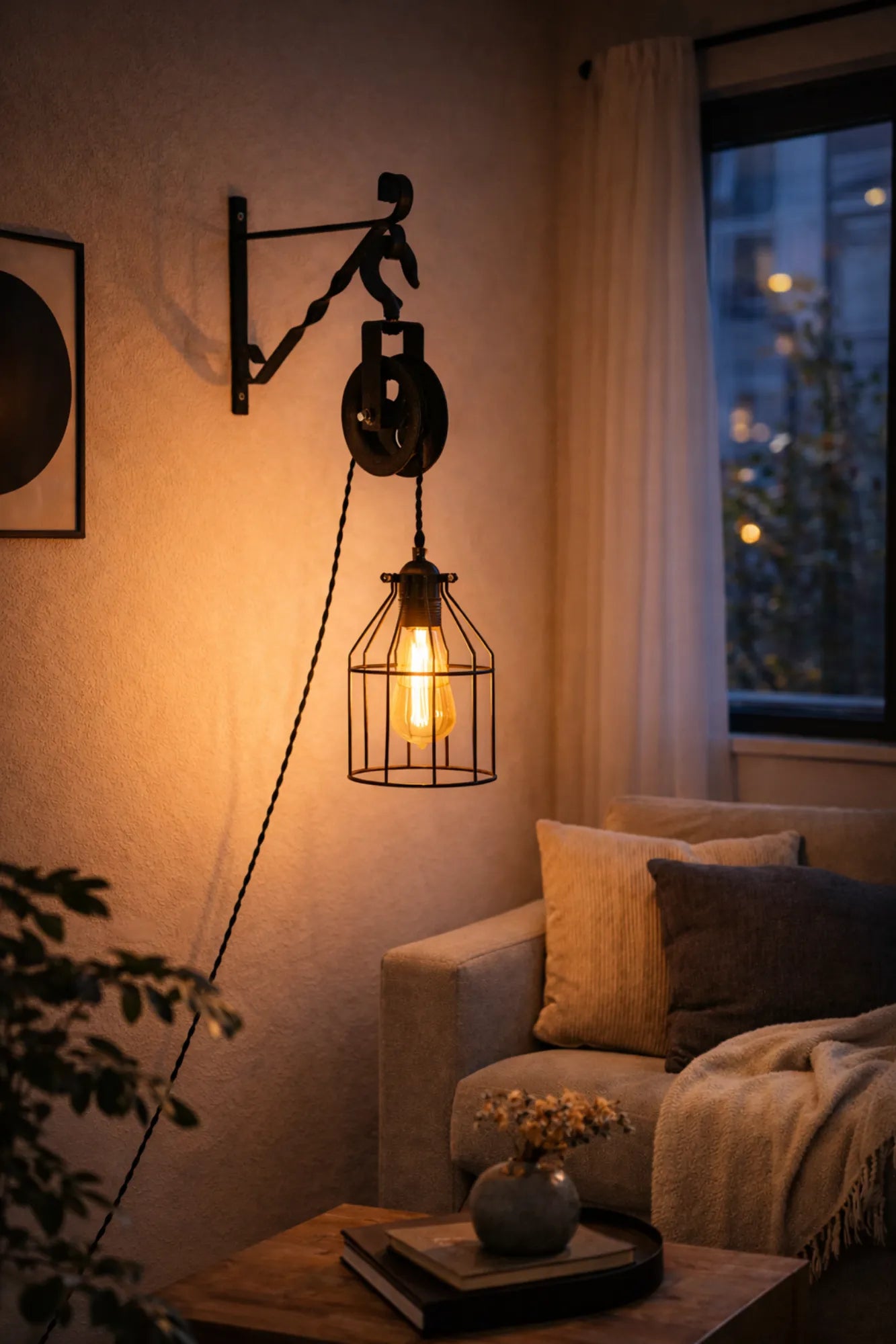 Industriële katrol wandlamp met brandende filamentlamp in warme avondsetting naast een bank.