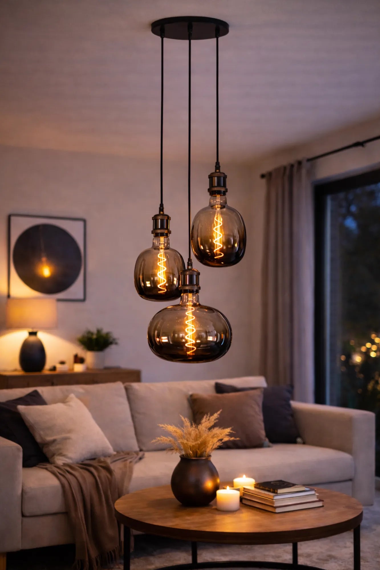 Moonstone hanglamp met drie rookglazen lichtbollen in een sfeervolle woonkamer met warm avondlicht boven de salontafel.