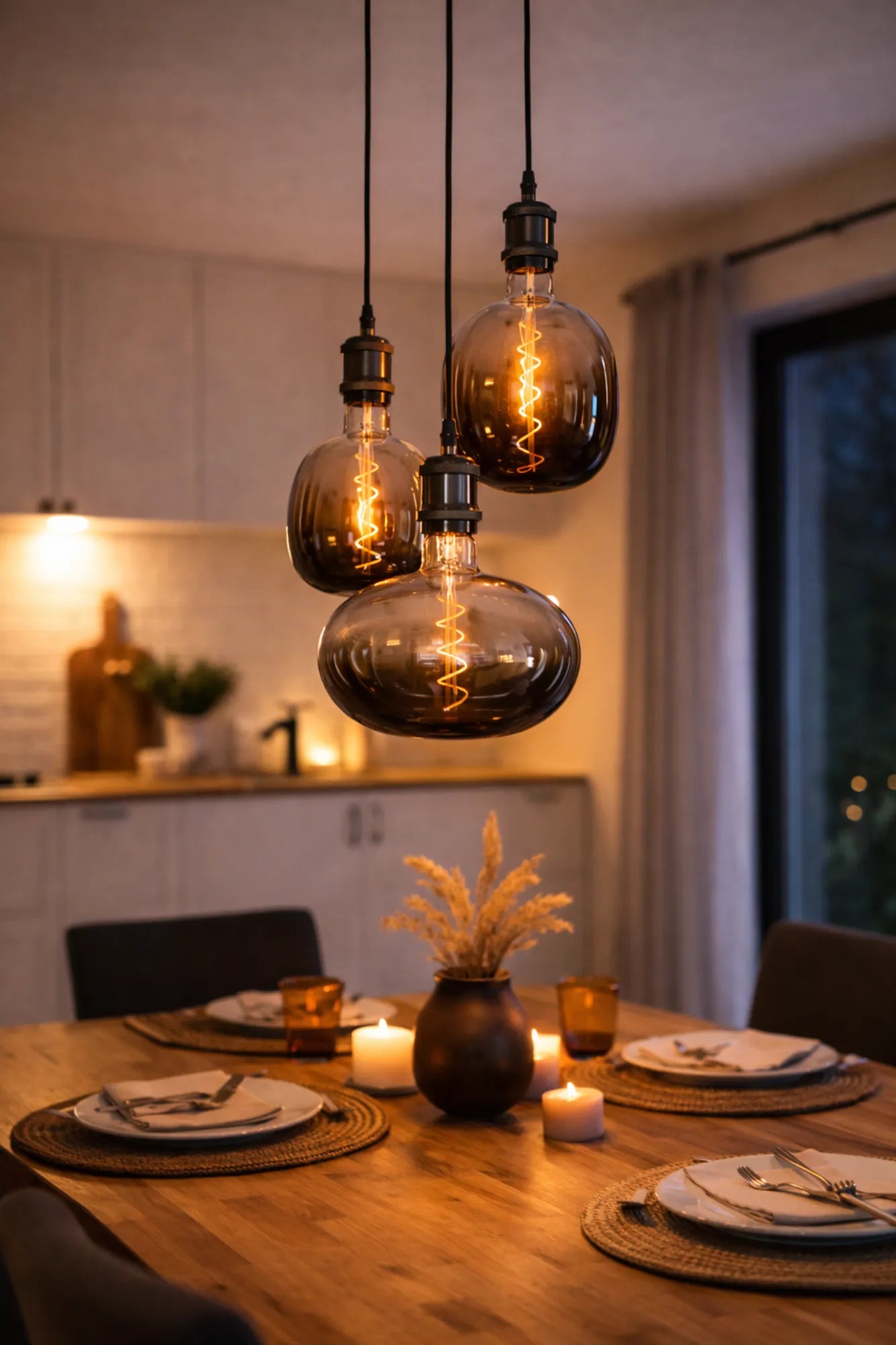 Moonstone industriële hanglamp met rookglas boven een houten eettafel, warm sfeervol licht tijdens de avond.
