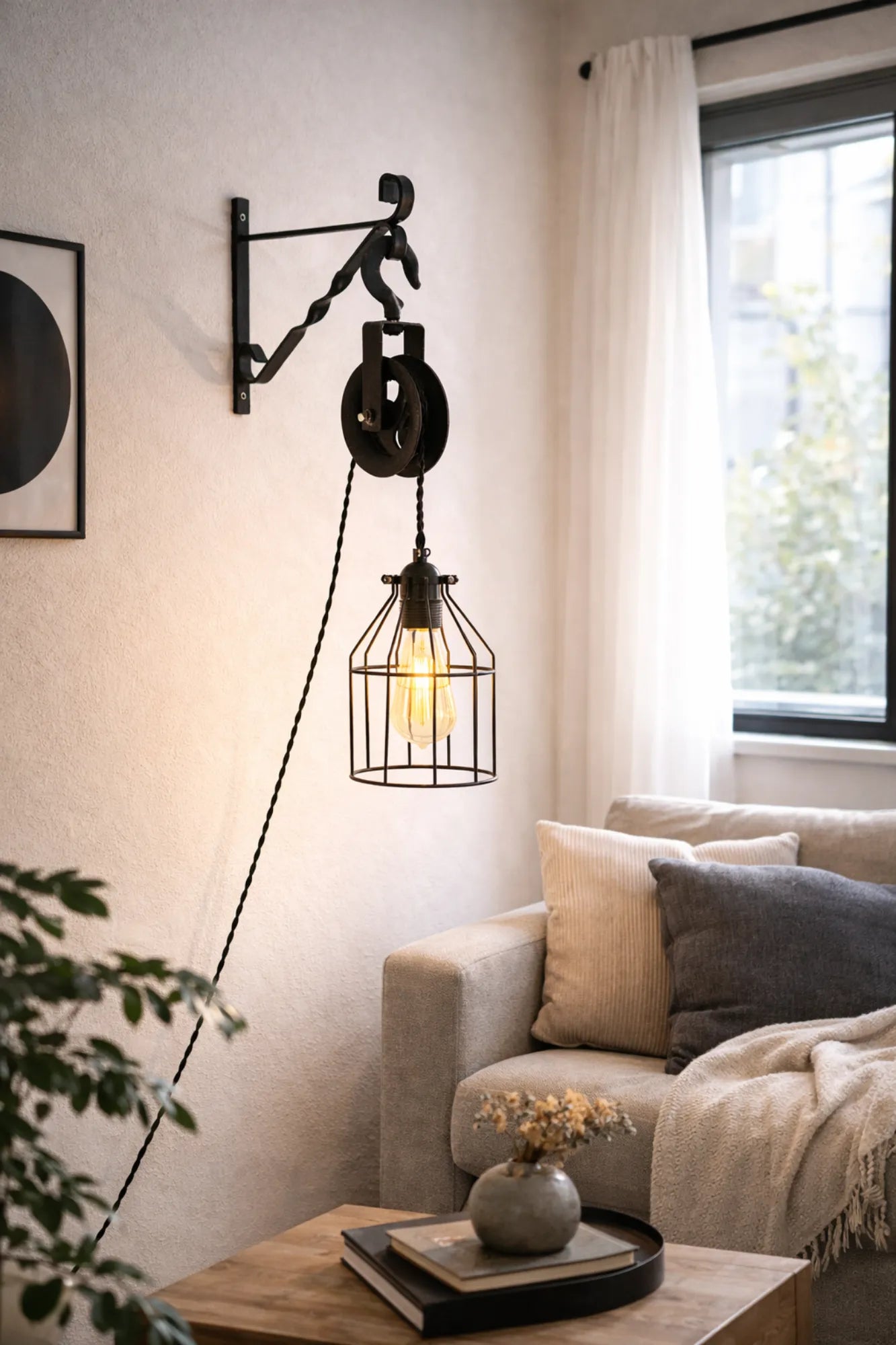 Industriële katrol wandlamp met kooi boven een bank in een moderne woonkamer met natuurlijke tinten.