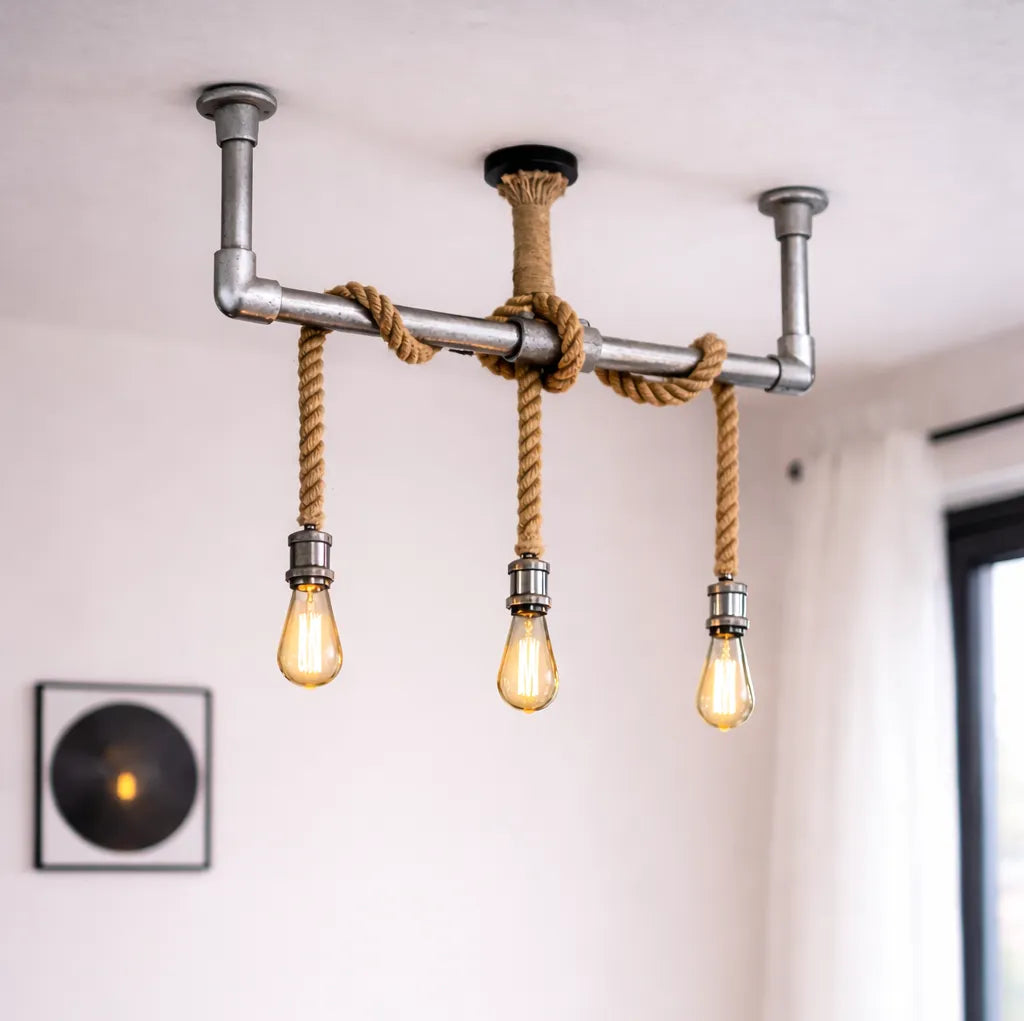 Industriële steigerbuislamp met chrome fitting en jute touw, 3 lichtpunten