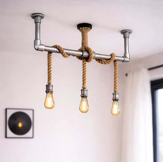 Industriële steigerbuislamp met chrome fitting en jute touw, 3 lichtpunten