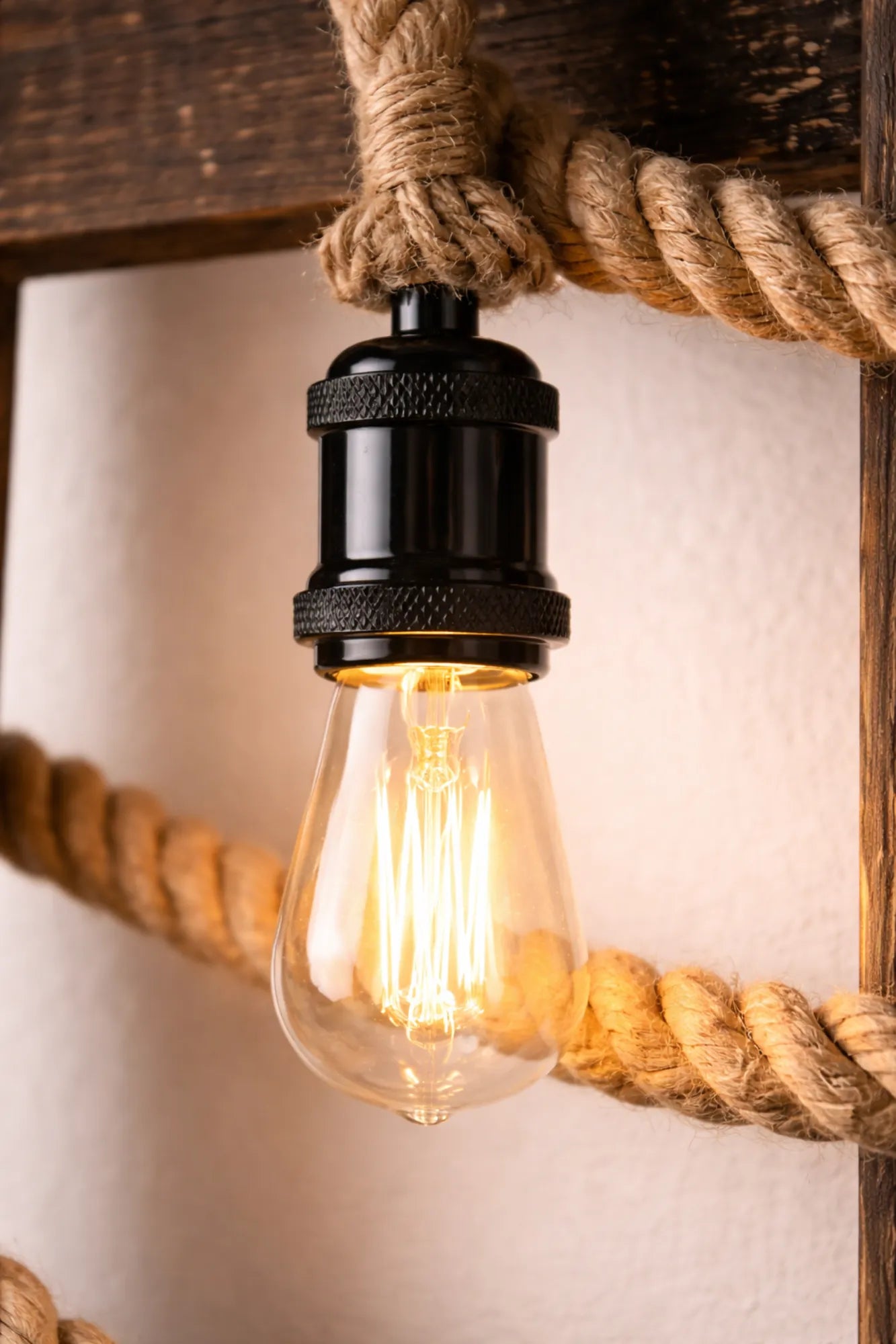 Detail van industriële touwlamp met jute touw, Pearl Black fitting en warm filament licht