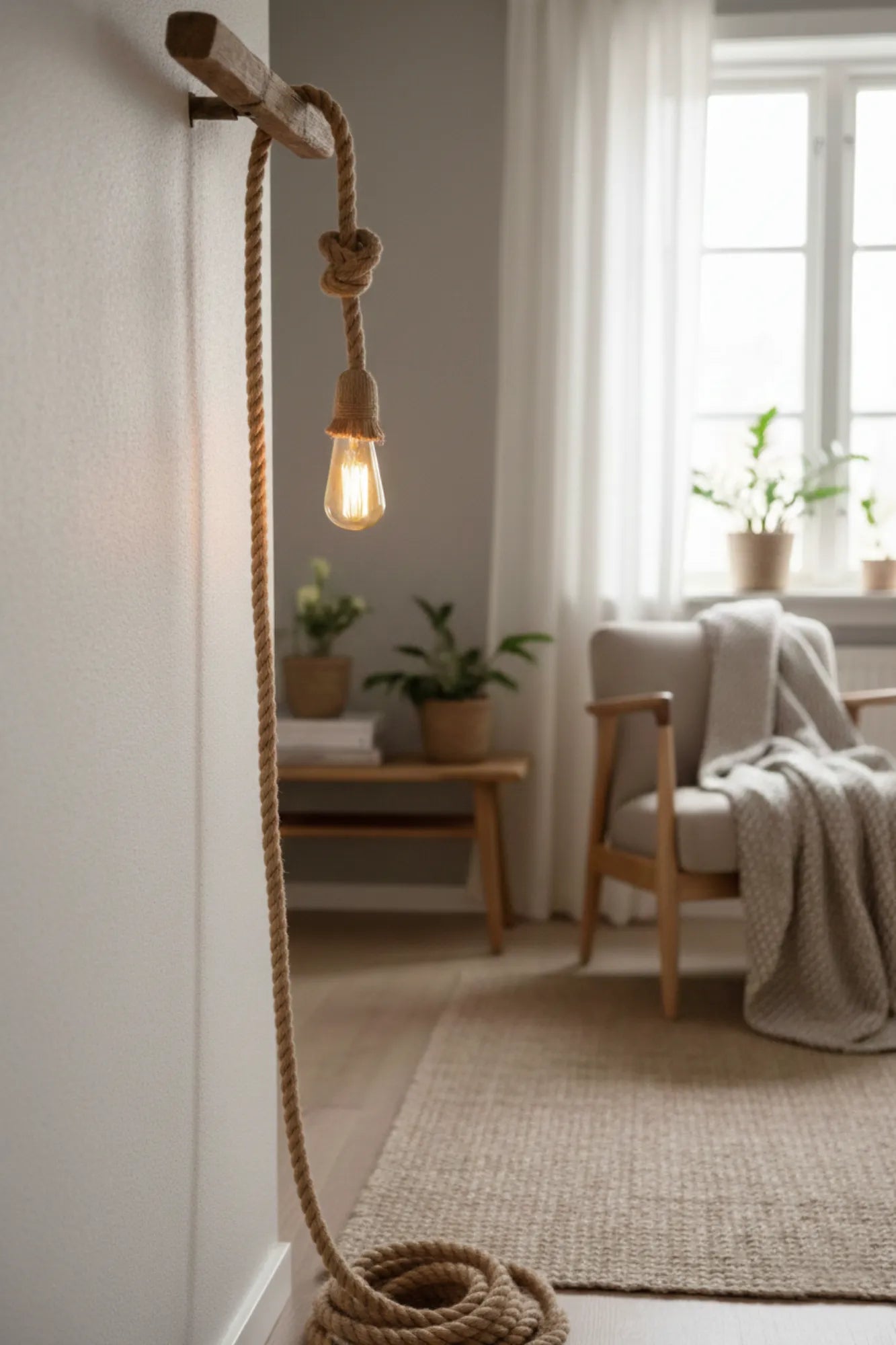 Handgemaakte industriële touwlamp met enkele fitting en stekker, los hangend als vloerlamp in een lichte woonkamer