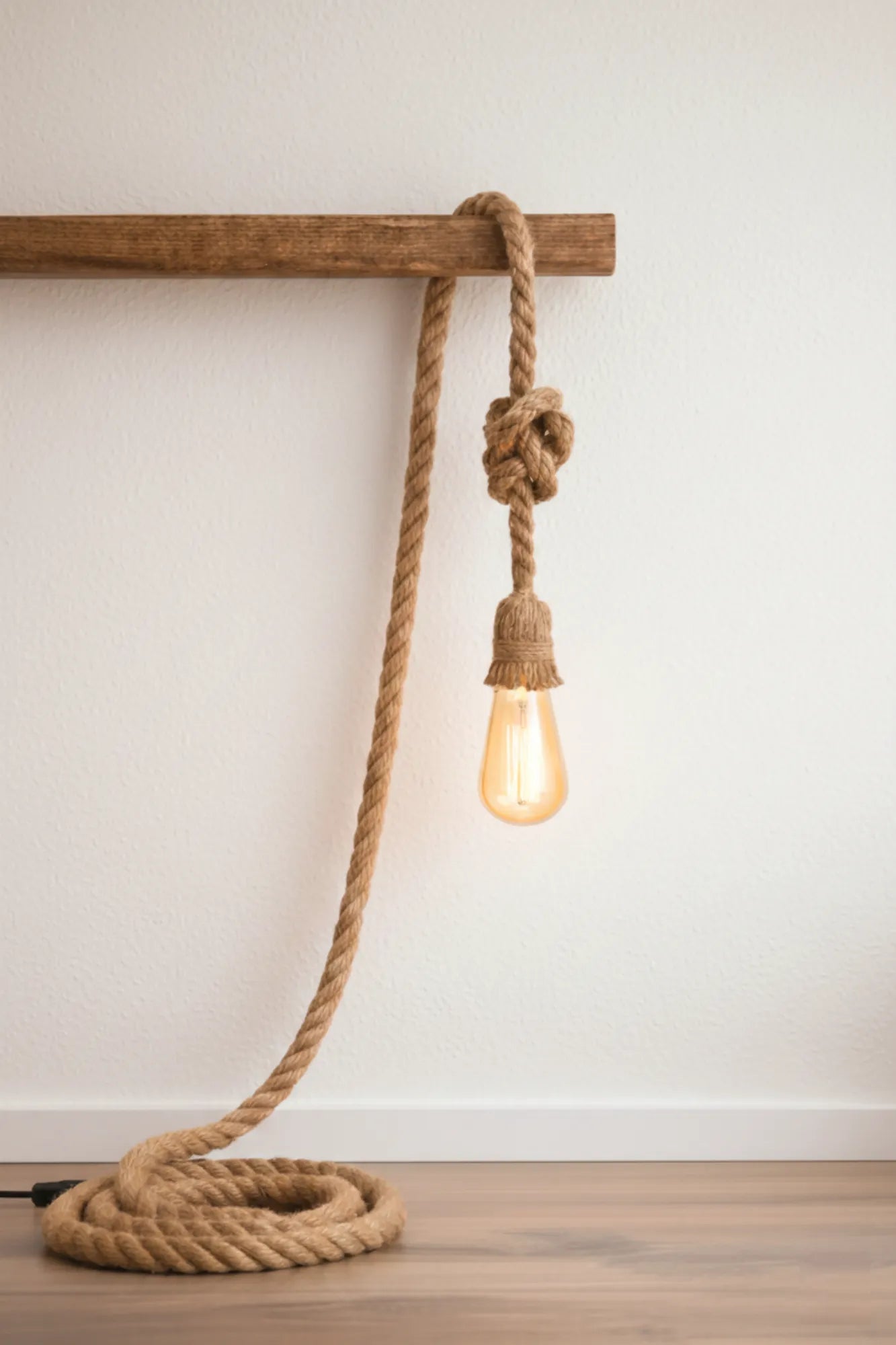 Handgemaakte industriële touwlamp met enkele fitting en stekker, los hangend als vloerlamp met jute touw