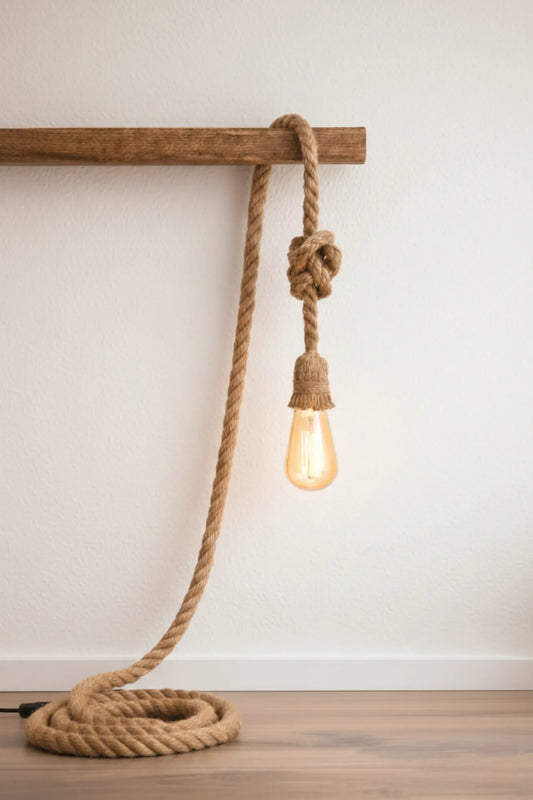 Handgemaakte industriële touwlamp met enkele fitting en stekker, los hangend als vloerlamp met jute touw